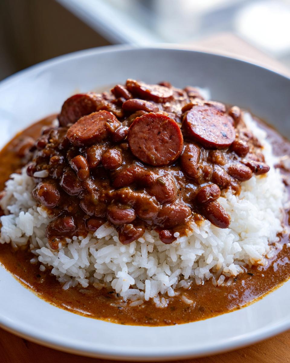 A close-up of a bowl of slow cooker red beans and rice topped generously with sliced smoked sausage.