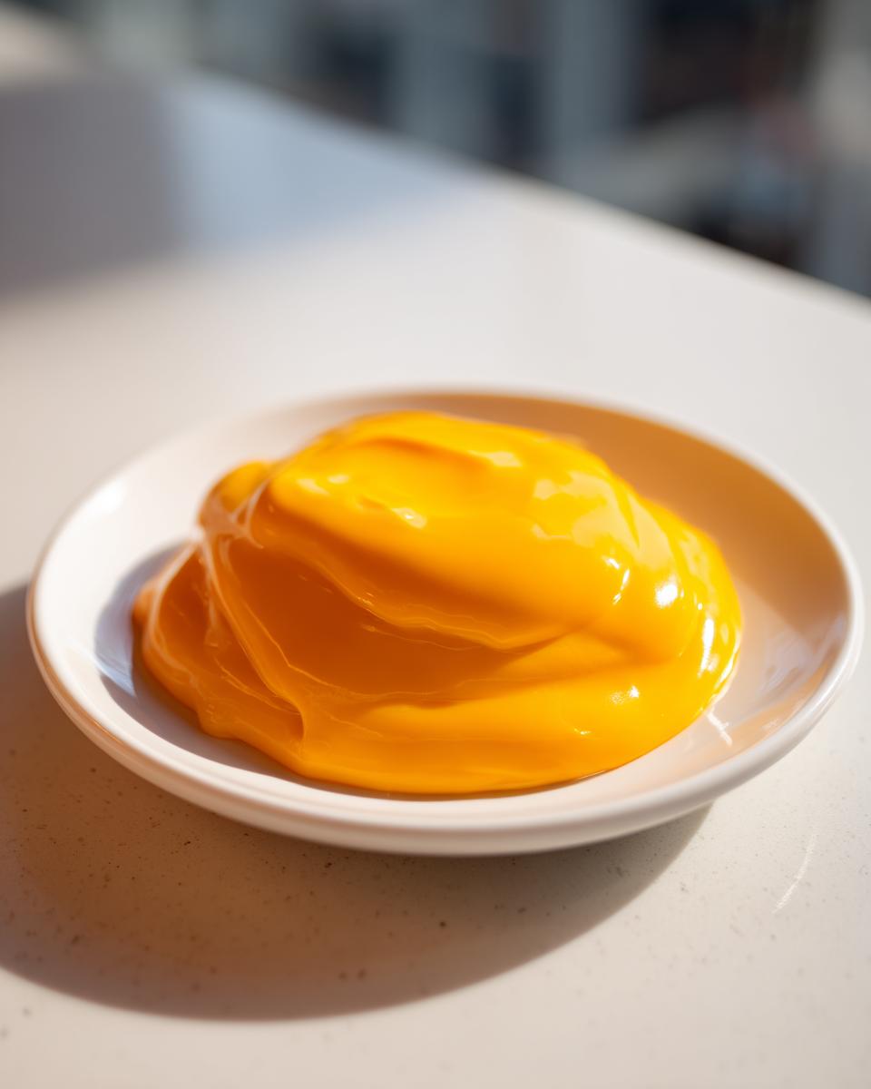 A close-up of a dollop of vibrant, glossy nacho cheese sauce resting on a small white dish.