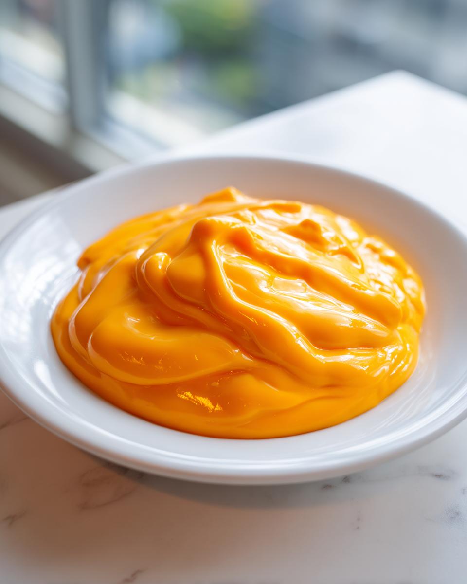 Close-up of thick, glossy, bright orange nacho cheese sauce swirled in a small white bowl.