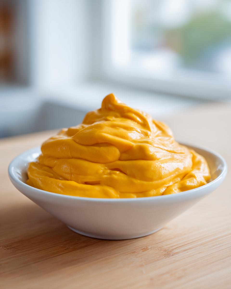 A small white bowl filled with thick, bright orange nacho cheese sauce, sitting on a wooden surface.