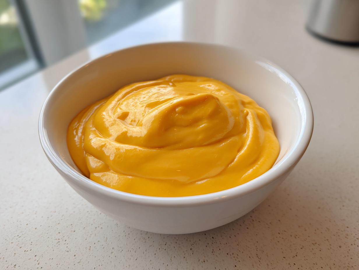A close-up of rich, smooth nacho cheese sauce filling a small white bowl on a light countertop.