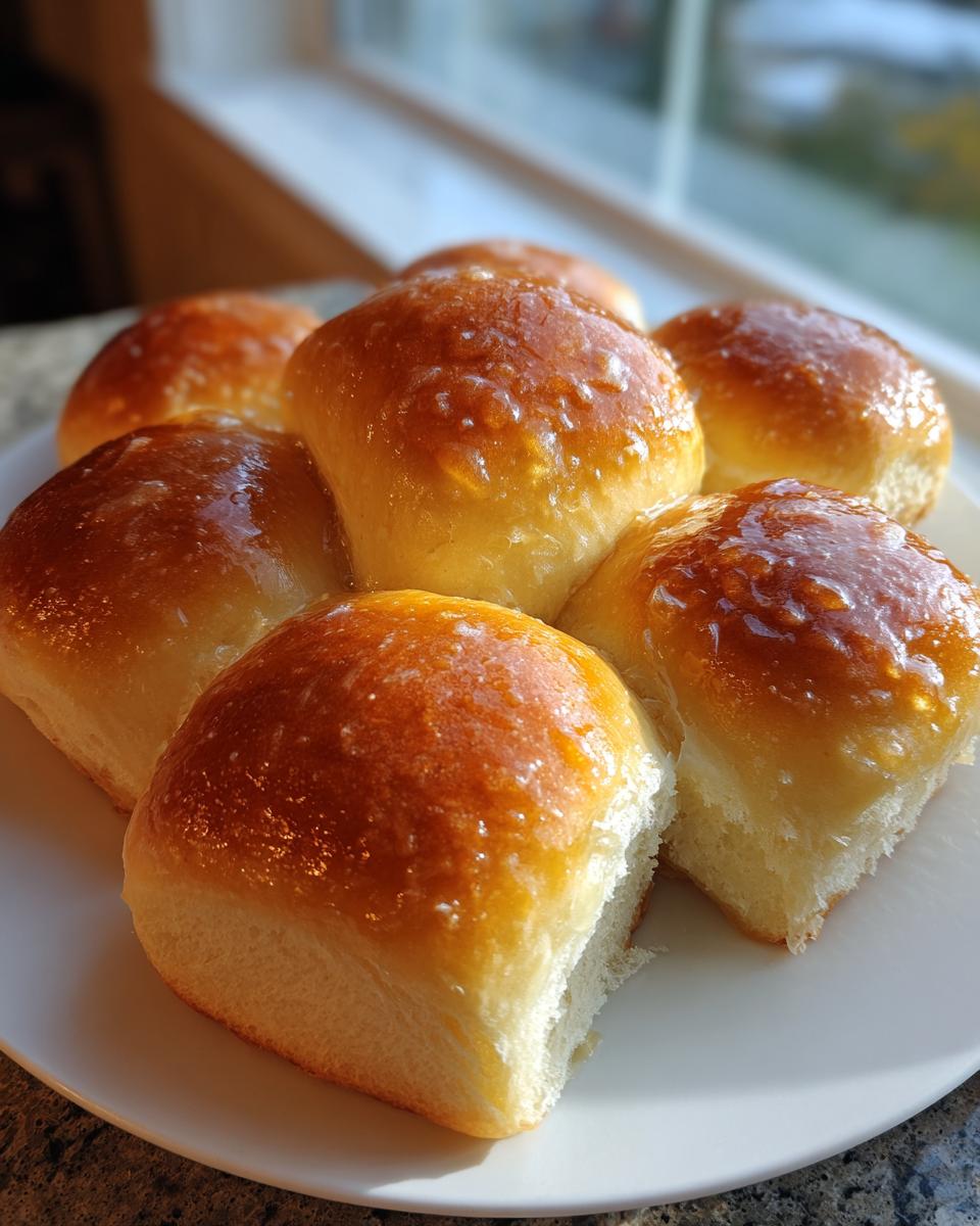 A plate of freshly baked, golden brown, and glossy 30 min soft dinner rolls catching the sunlight.