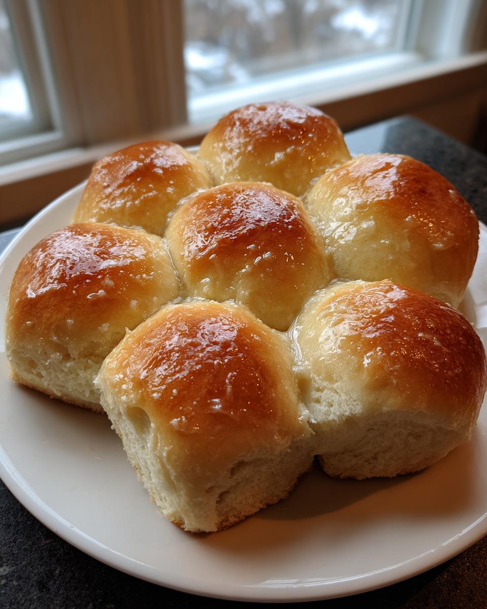 A cluster of six freshly baked, soft dinner rolls glistening with melted butter on a white plate.