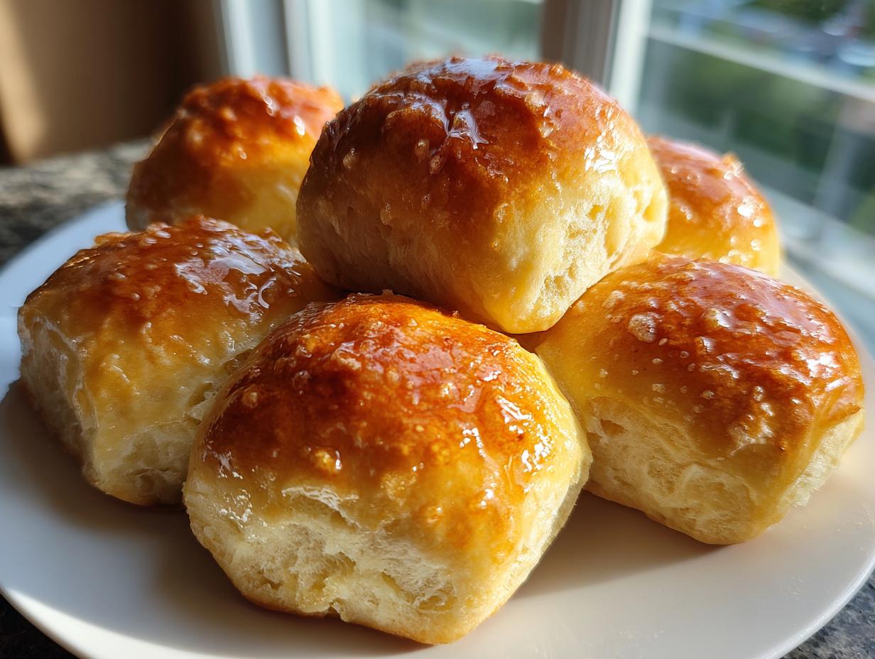 A close-up of several golden brown, glossy dinner rolls stacked on a white plate, ready to serve.