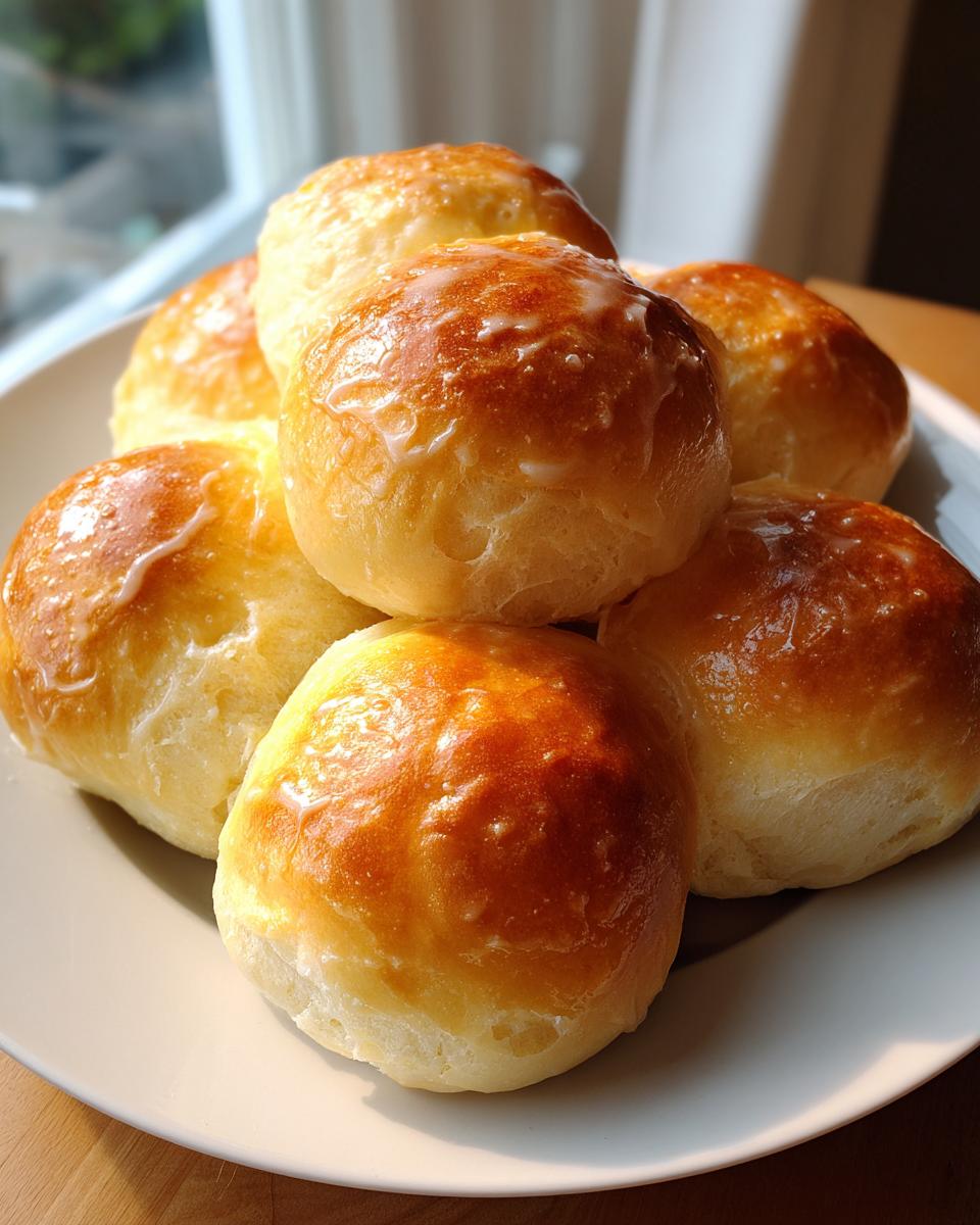 A stack of freshly baked, golden brown soft dinner rolls topped with a light, shiny glaze.