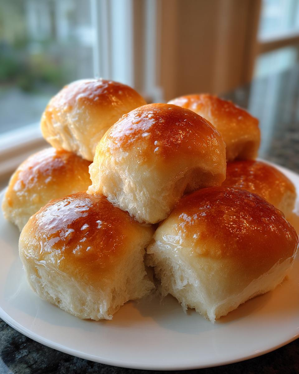 A stack of freshly baked, soft dinner rolls with a shiny, buttery glaze on top.