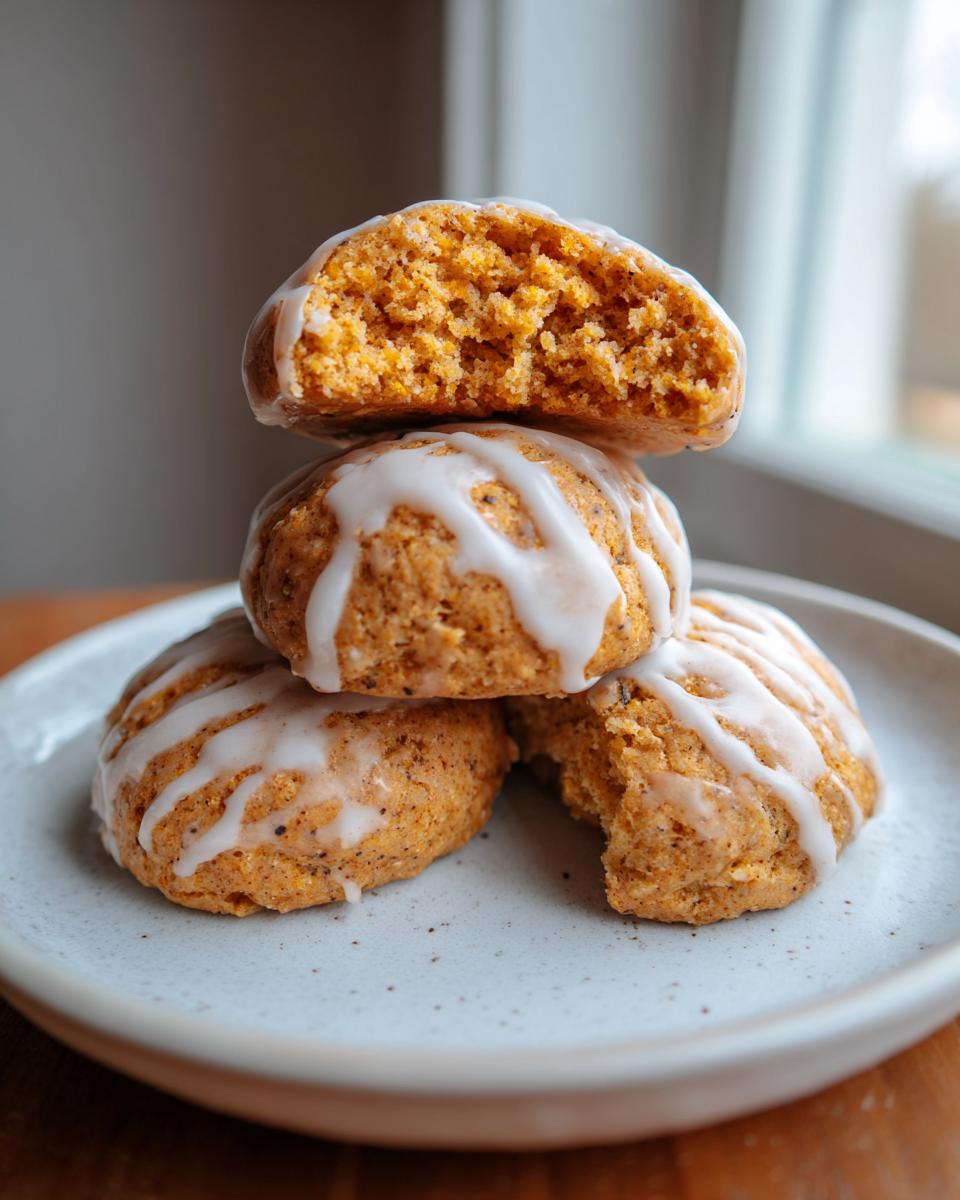 A stack of three soft, orange persimmon cookies drizzled with white glaze, one cookie is broken open showing the soft interior.