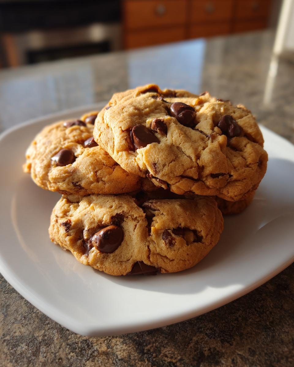 A stack of four soft, thick chocolate chip pudding cookies resting on a white square plate.