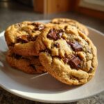 Close-up of soft, golden pudding cookies stacked on a white plate, loaded with chocolate chunks.