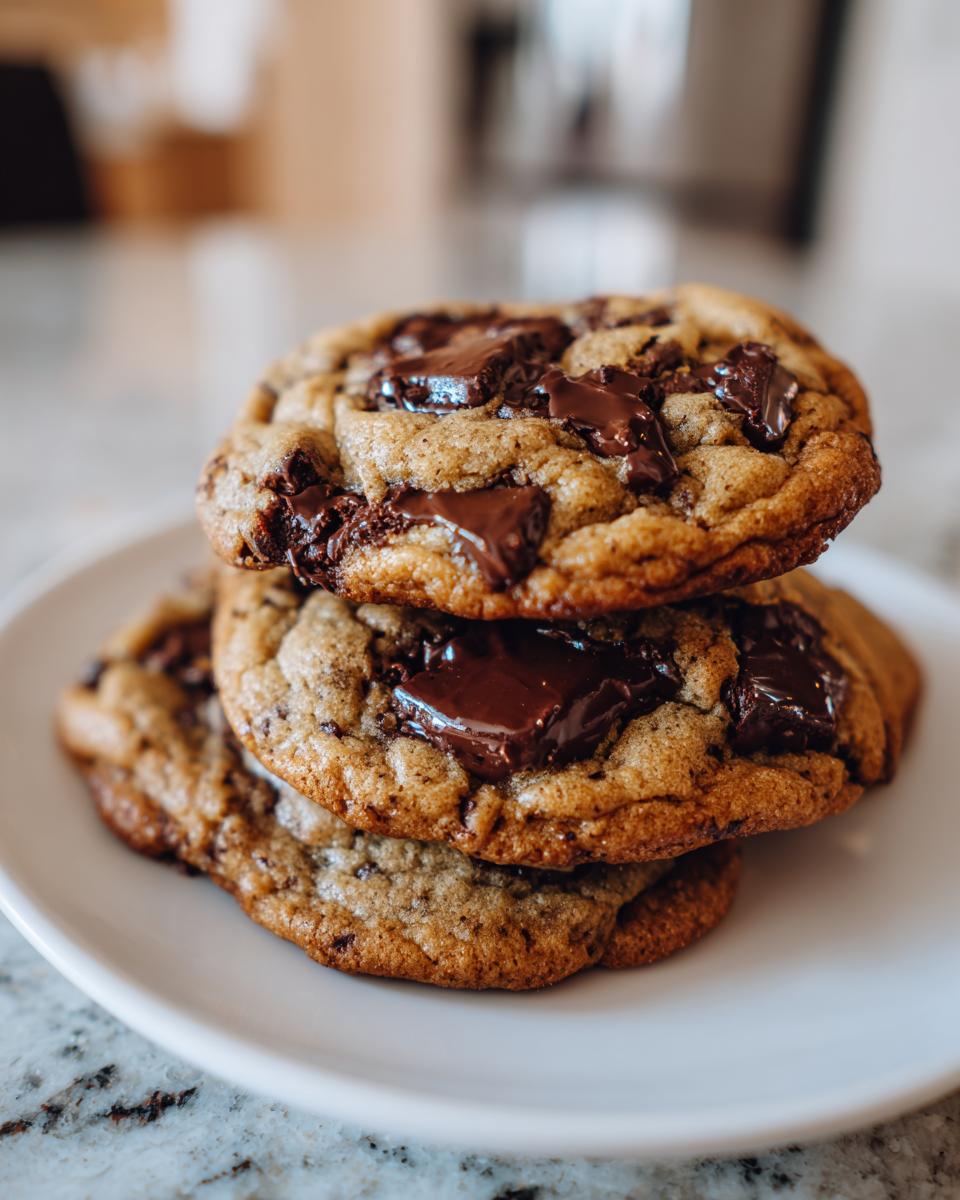 Three soft, thick pudding cookies stacked on a white plate, featuring melted chocolate chunks.
