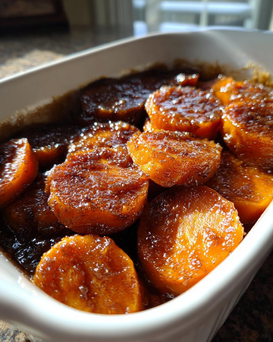 Close-up of rich, glossy southern candied yams slices baked in a white casserole dish with dark brown sugar glaze.