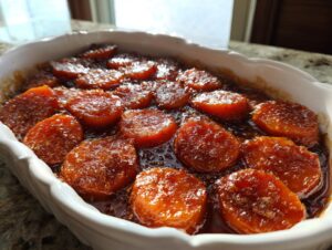 Close-up of glistening, round slices of southern candied yams baked in a rich, dark brown sugar glaze in a white dish.