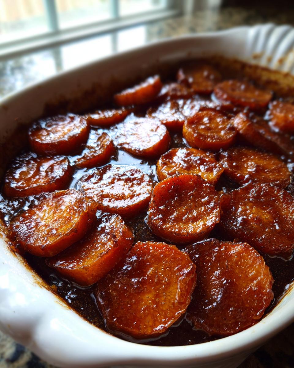 Close-up of glossy, caramelized slices of southern candied yams soaking in a rich brown syrup in a white baking dish.