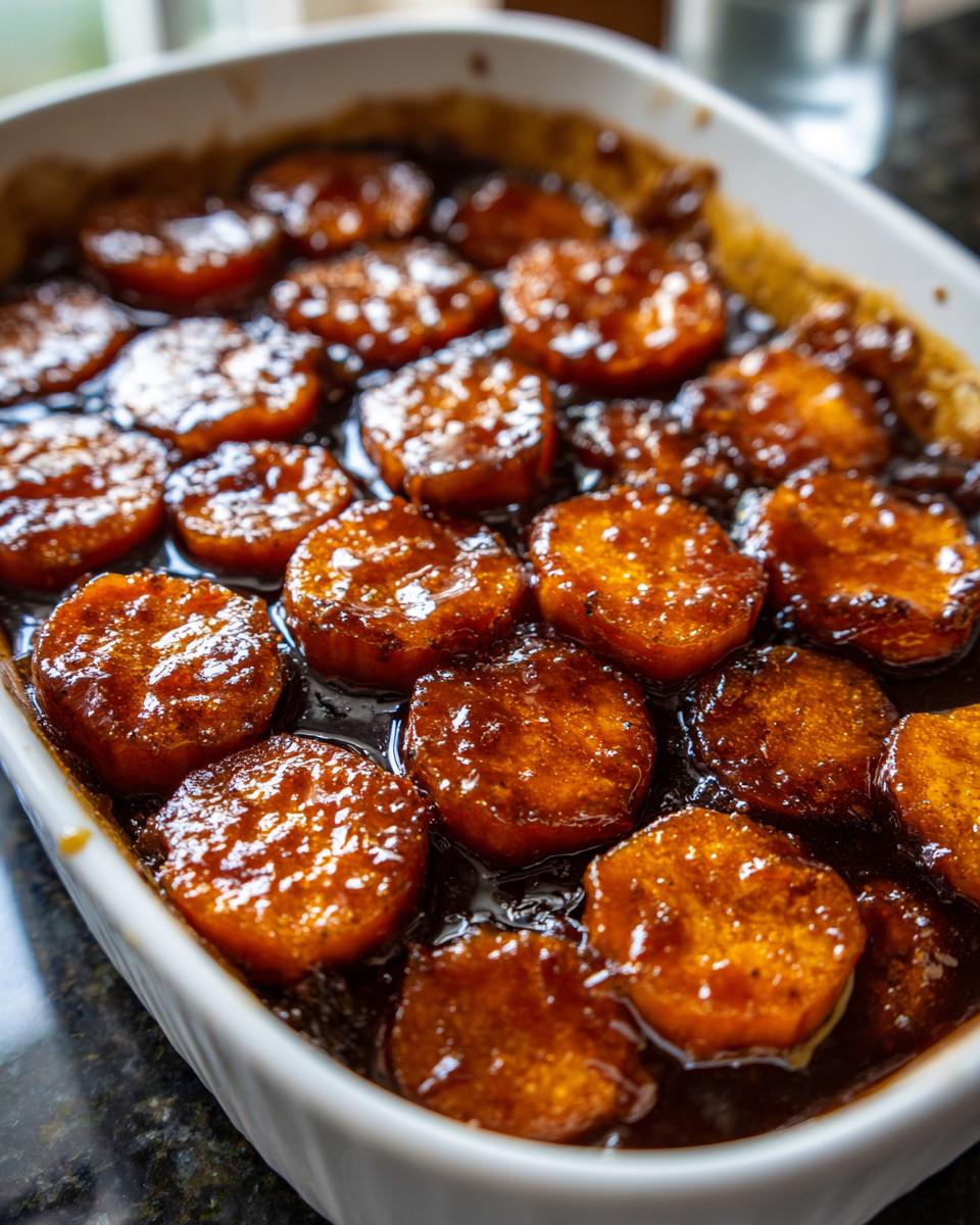 Close-up of glossy, caramelized slices of southern candied yams swimming in a rich, dark syrup in a white baking dish.