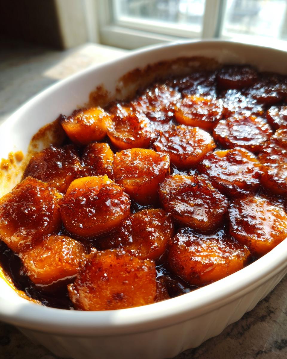 Close-up of thick-cut, glazed southern candied yams simmering in a rich, dark syrup in a white oval baking dish.