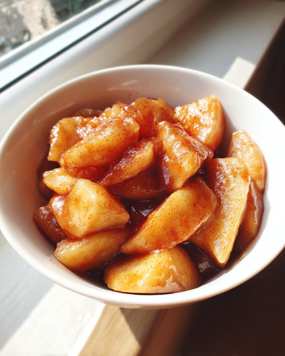 Close-up of sweet, spiced apple pie filling slices coated in thick sauce in a white bowl.