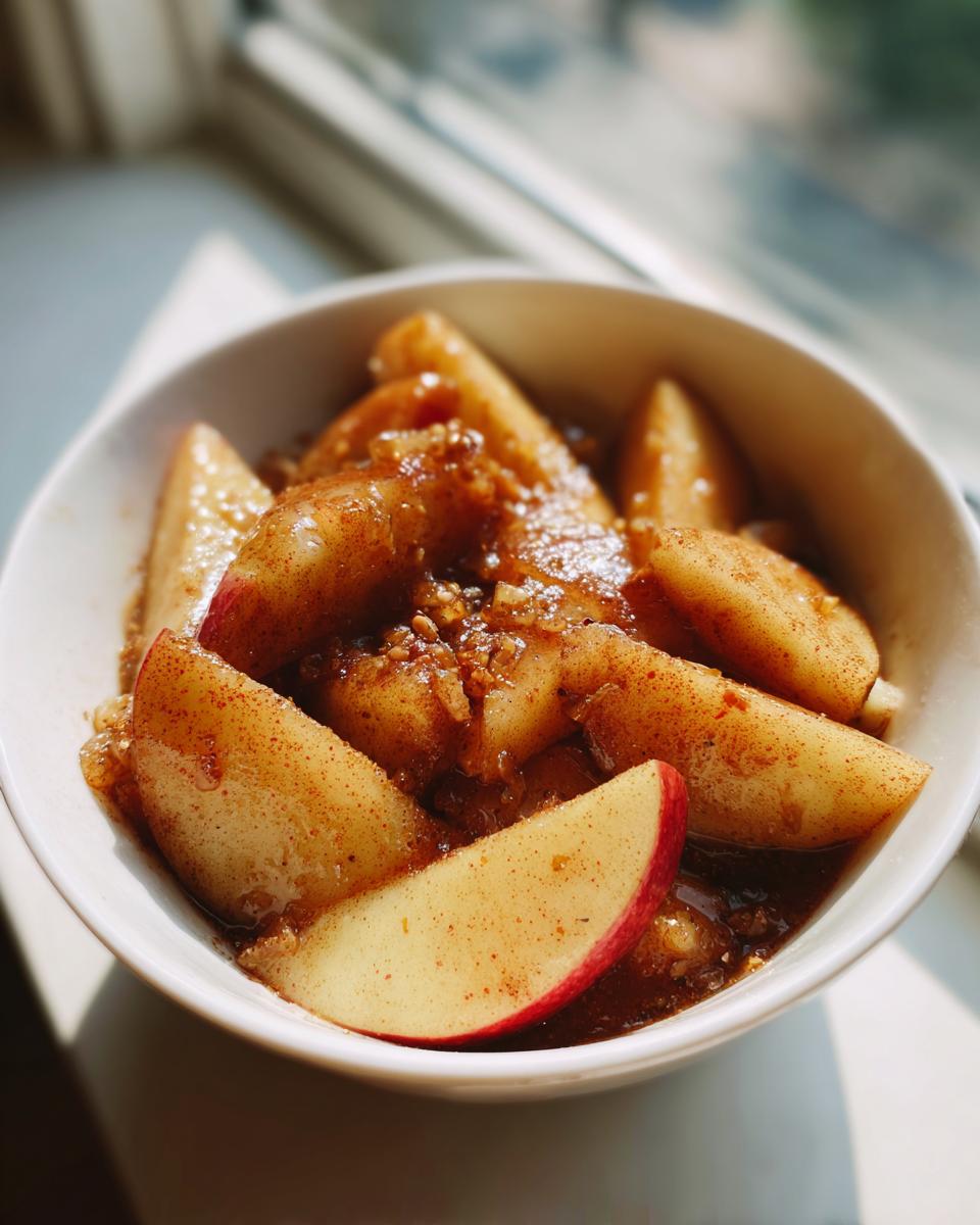 Close-up of warm, spiced apple pie filling with thick sauce and cinnamon, served in a white bowl.