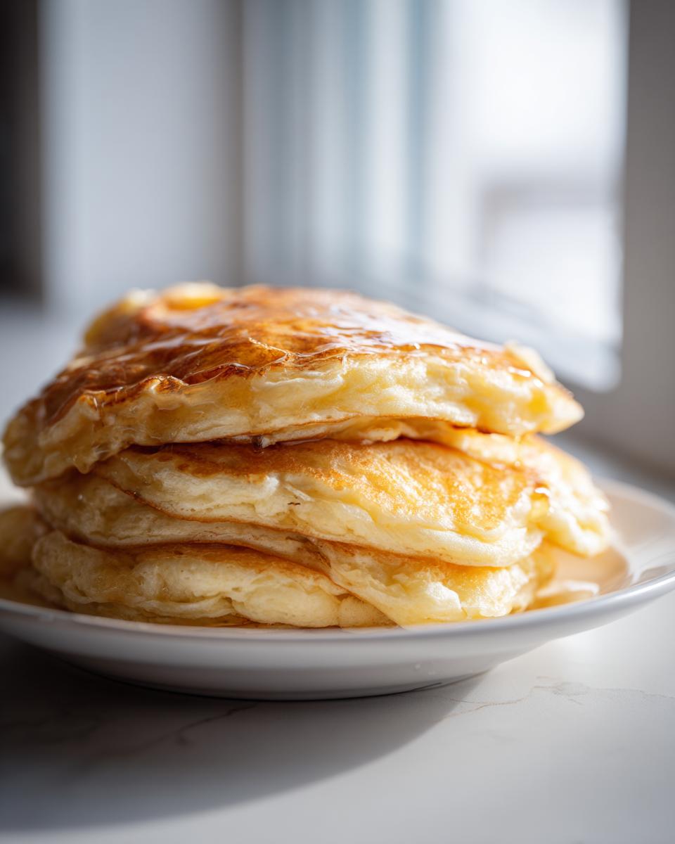 A tall stack of four golden brown, very fluffy pancakes drizzled with syrup on a white plate.