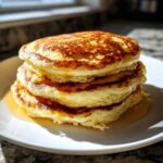 A close-up stack of four golden brown, fluffy pancakes drizzled with syrup.