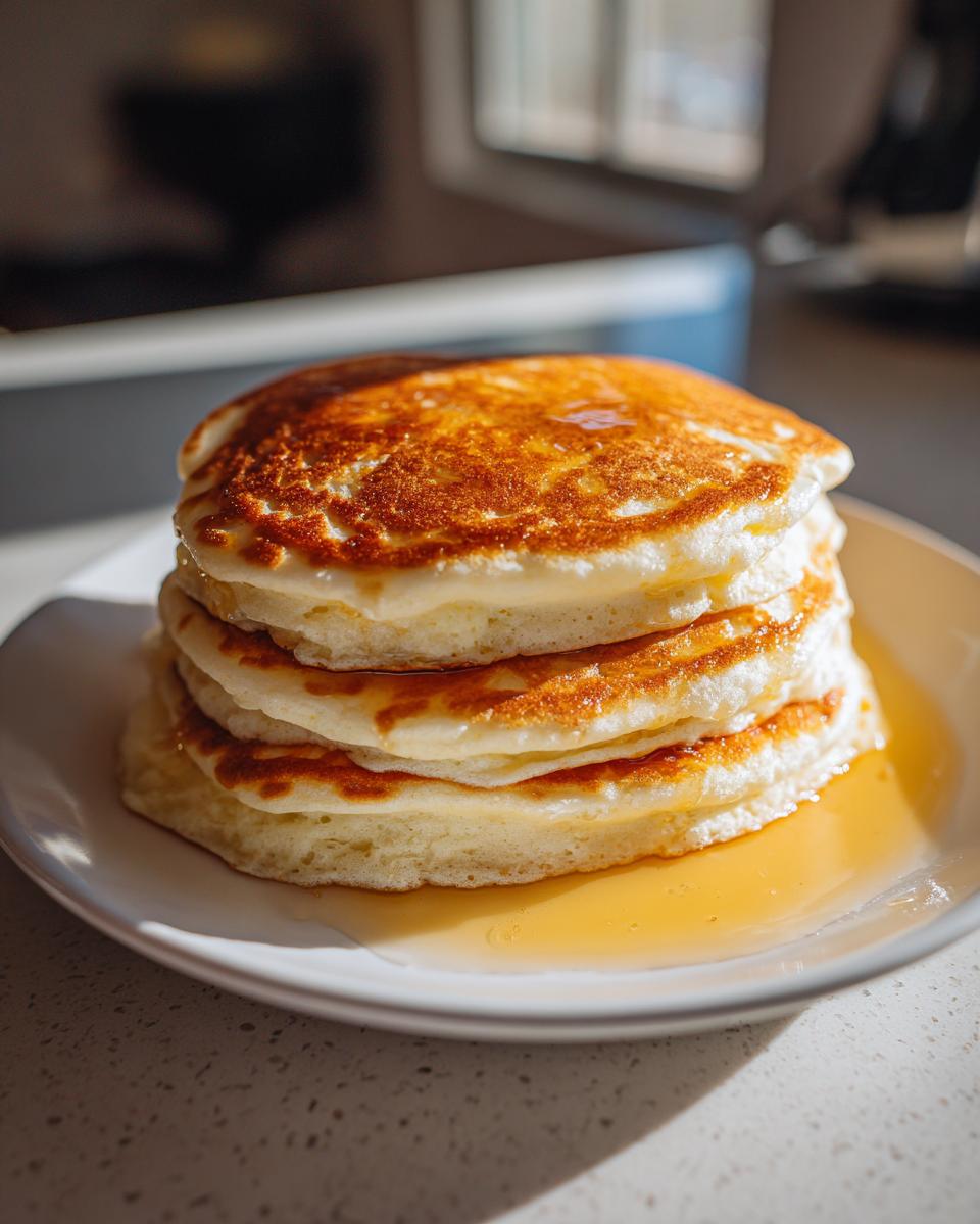 A tall stack of four golden brown, fluffy pancakes covered in melted butter and syrup.