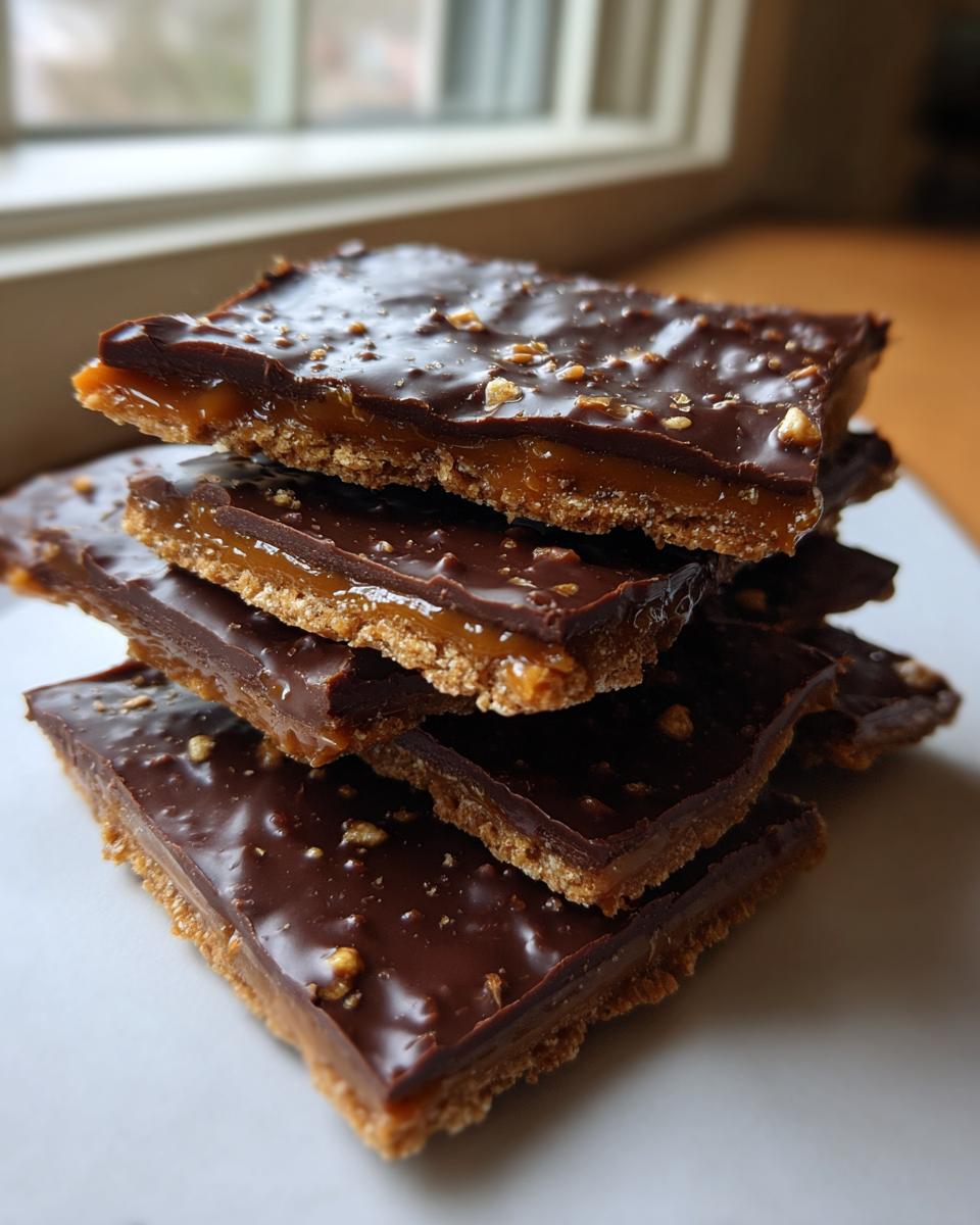 A stack of four rich graham cracker toffee bars topped with glossy chocolate and chopped nuts.