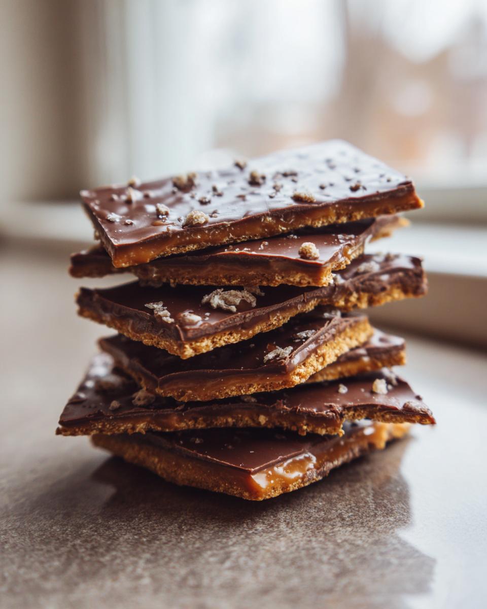 A stack of five squares of rich graham cracker toffee topped with melted chocolate and sprinkled sea salt.