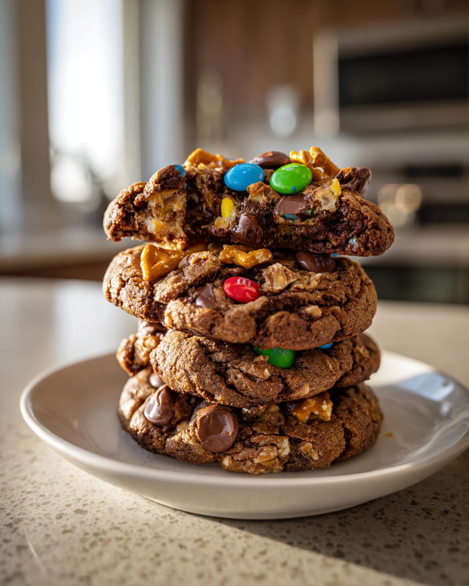 A stack of four rich, dark kitchen sink cookies loaded with M&Ms, chocolate chips, and nuts, resting on a white plate.