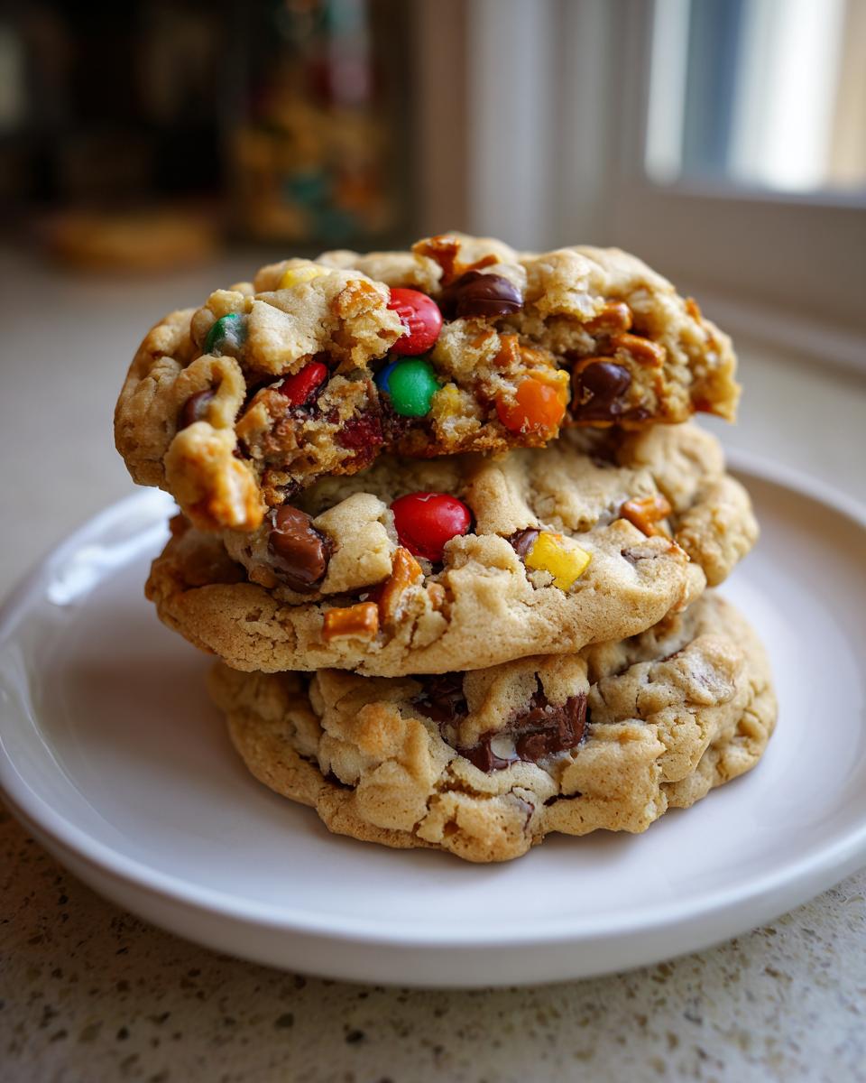 Close-up of three stacked kitchen sink cookies, one broken open showing M&Ms, chocolate chips, and pretzels.