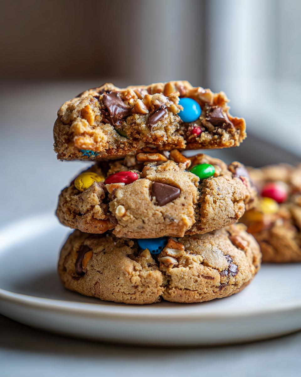 A stack of three chewy kitchen sink cookies loaded with chocolate chips, nuts, and colorful M&Ms.