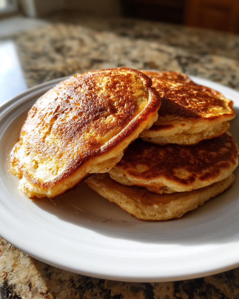 A stack of four perfectly golden brown oatmeal pancakes served on a white plate in bright sunlight.