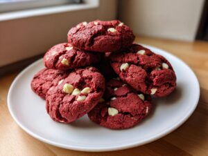 A small stack of rich, deep red velvet cookies studded with white chocolate chips, resting on a white plate.