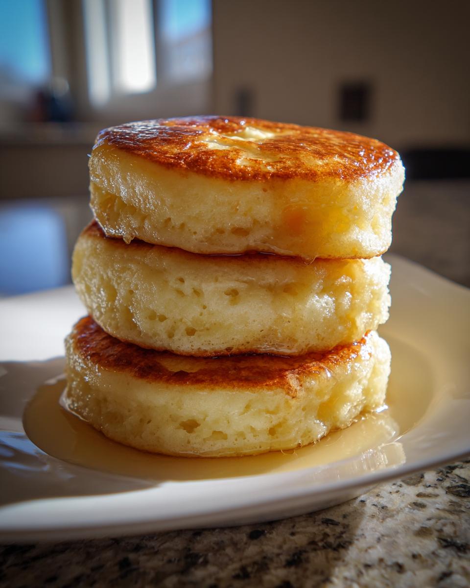 A close-up stack of three thick, fluffy pancakes drizzled with syrup on a white plate.