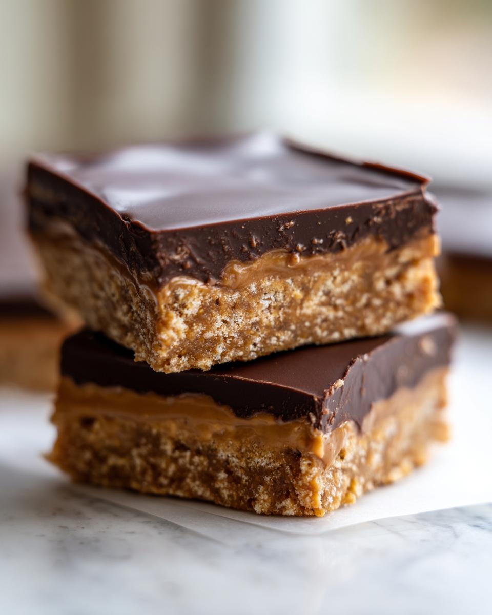 Two stacked lunch lady peanut butter bars showing a crumbly base, creamy peanut butter layer, and thick chocolate topping.