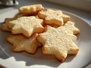 A stack of perfectly shaped, light golden star-shaped sugar cookies on a white plate.