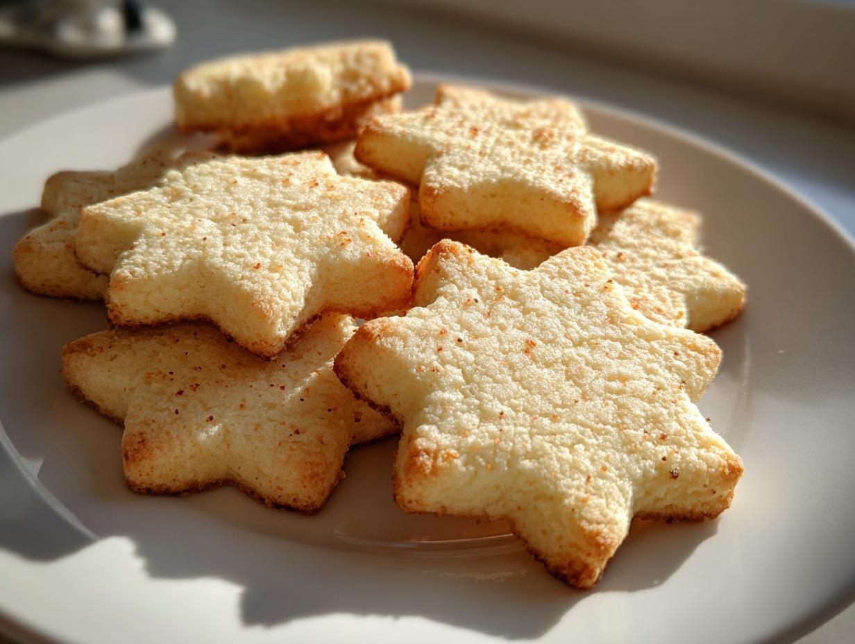 A stack of perfectly shaped, light golden star-shaped sugar cookies on a white plate.