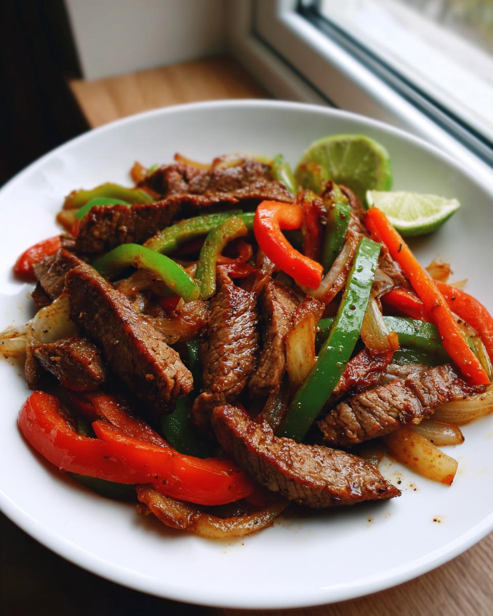 Close-up of perfectly cooked steak fajitas with colorful bell peppers and onions, garnished with lime wedges.