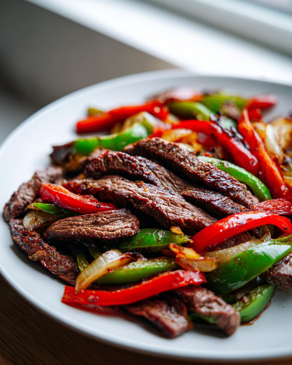 Close-up of perfectly cooked, sliced steak fajitas mixed with vibrant red and green bell peppers and onions.