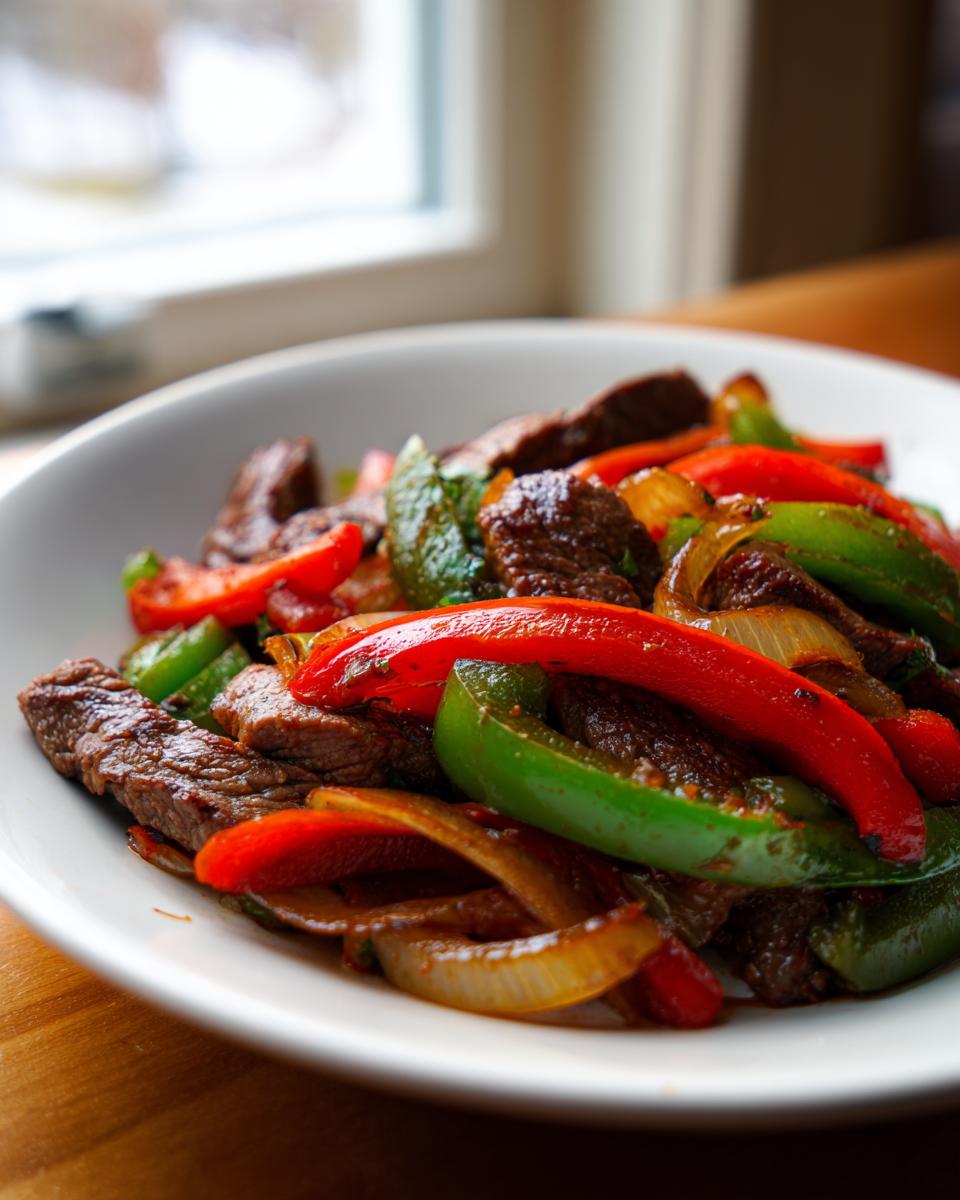 A close-up of perfectly cooked steak fajitas featuring strips of seared beef, vibrant red and green bell peppers, and caramelized onions.