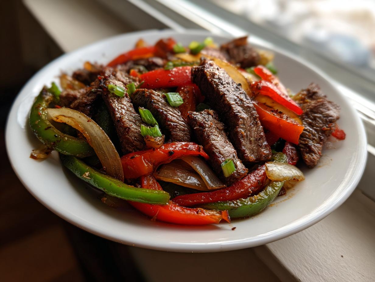 Close-up of juicy sliced steak fajitas mixed with grilled red and green bell peppers and onions on a white plate.