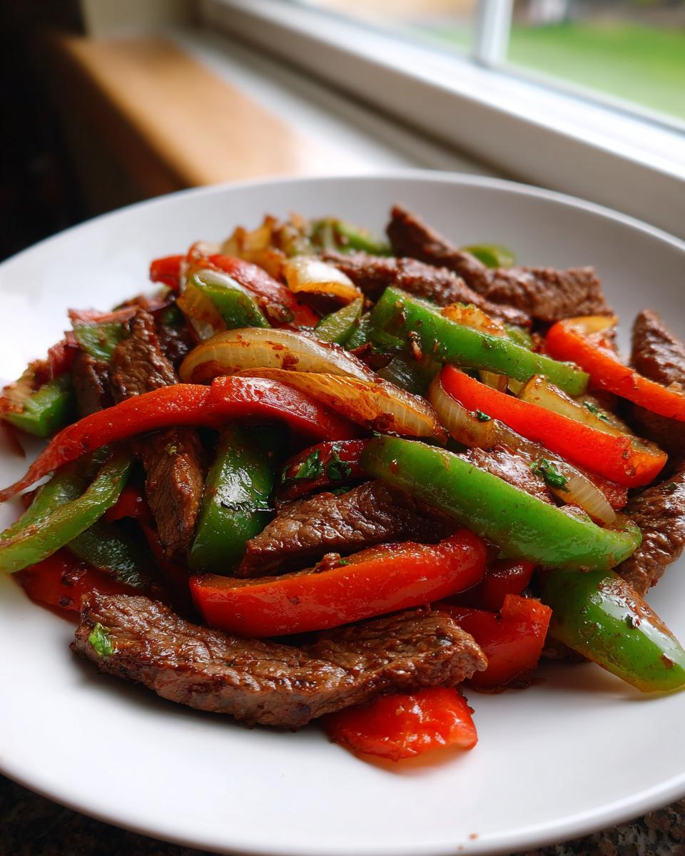 A white plate filled with sizzling steak fajitas featuring strips of seasoned beef, red bell peppers, green bell peppers, and onions.