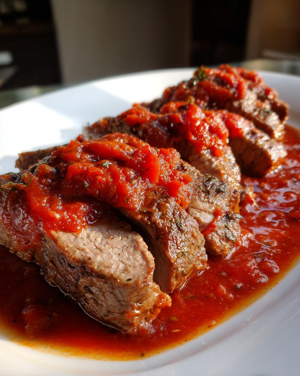 Close-up of sliced steak pizzaiola, tender meat covered in rich, bright red tomato sauce on a white plate.