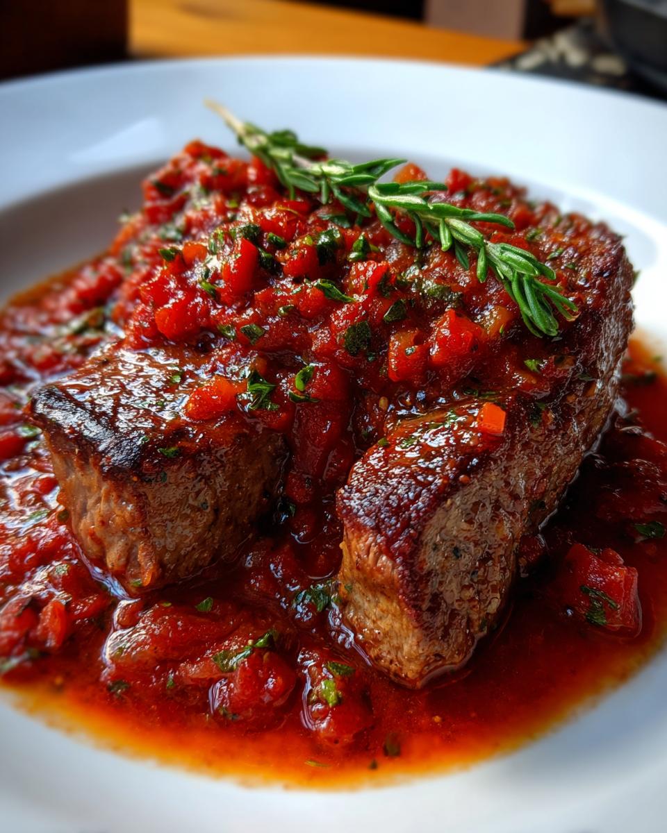 Close-up of seared steak pizzaiola covered in chunky tomato sauce and garnished with fresh rosemary.