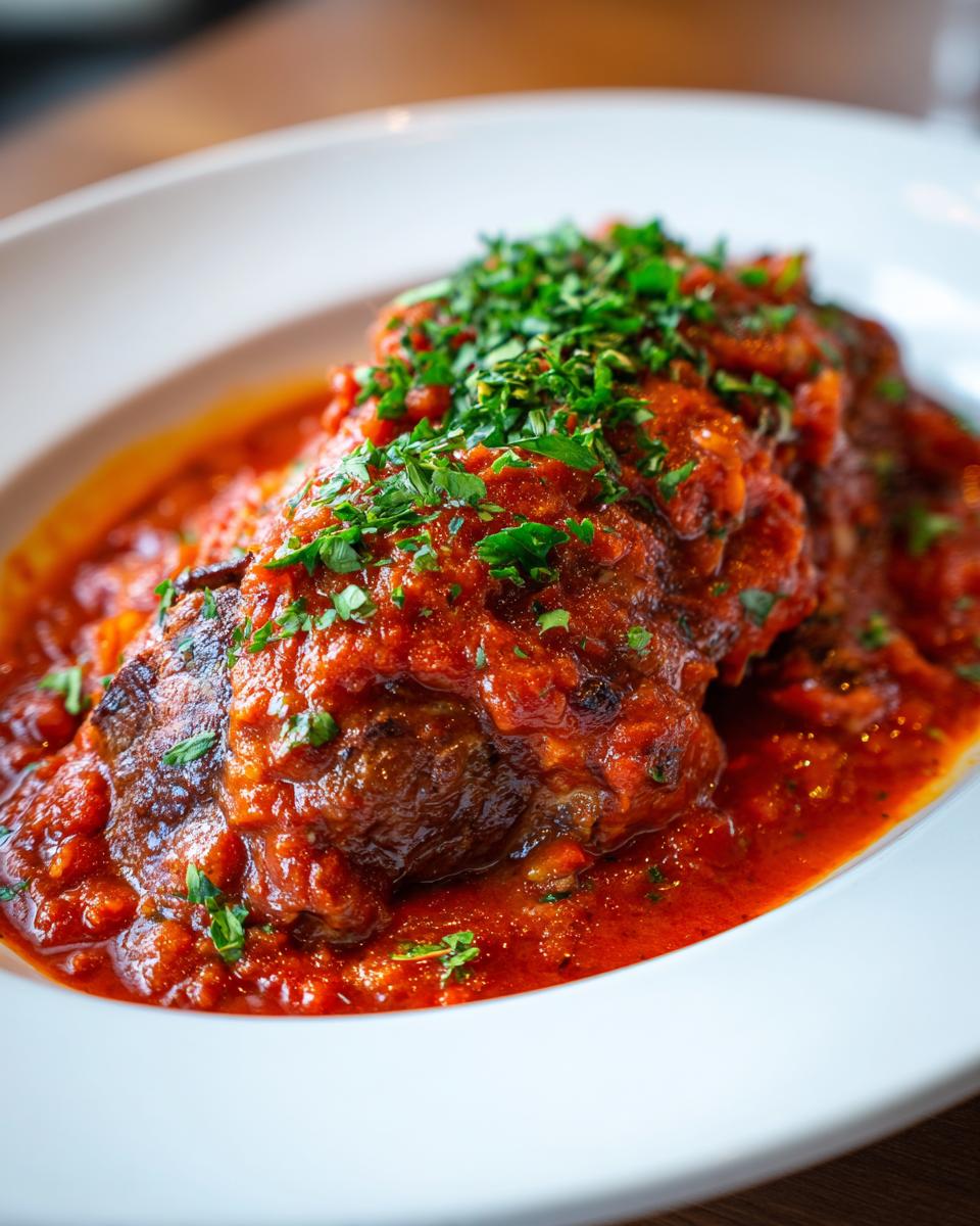 Close-up of a tender piece of steak pizzaiola smothered in rich tomato sauce and fresh parsley.