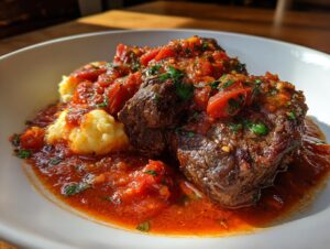 Two pieces of tender steak pizzaiola smothered in rich tomato sauce served over creamy polenta.