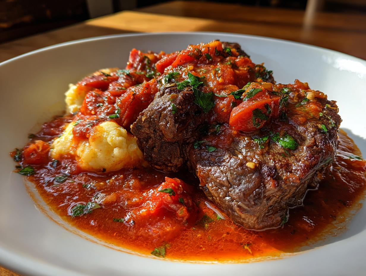 Two pieces of tender steak pizzaiola smothered in rich tomato sauce served over creamy polenta.