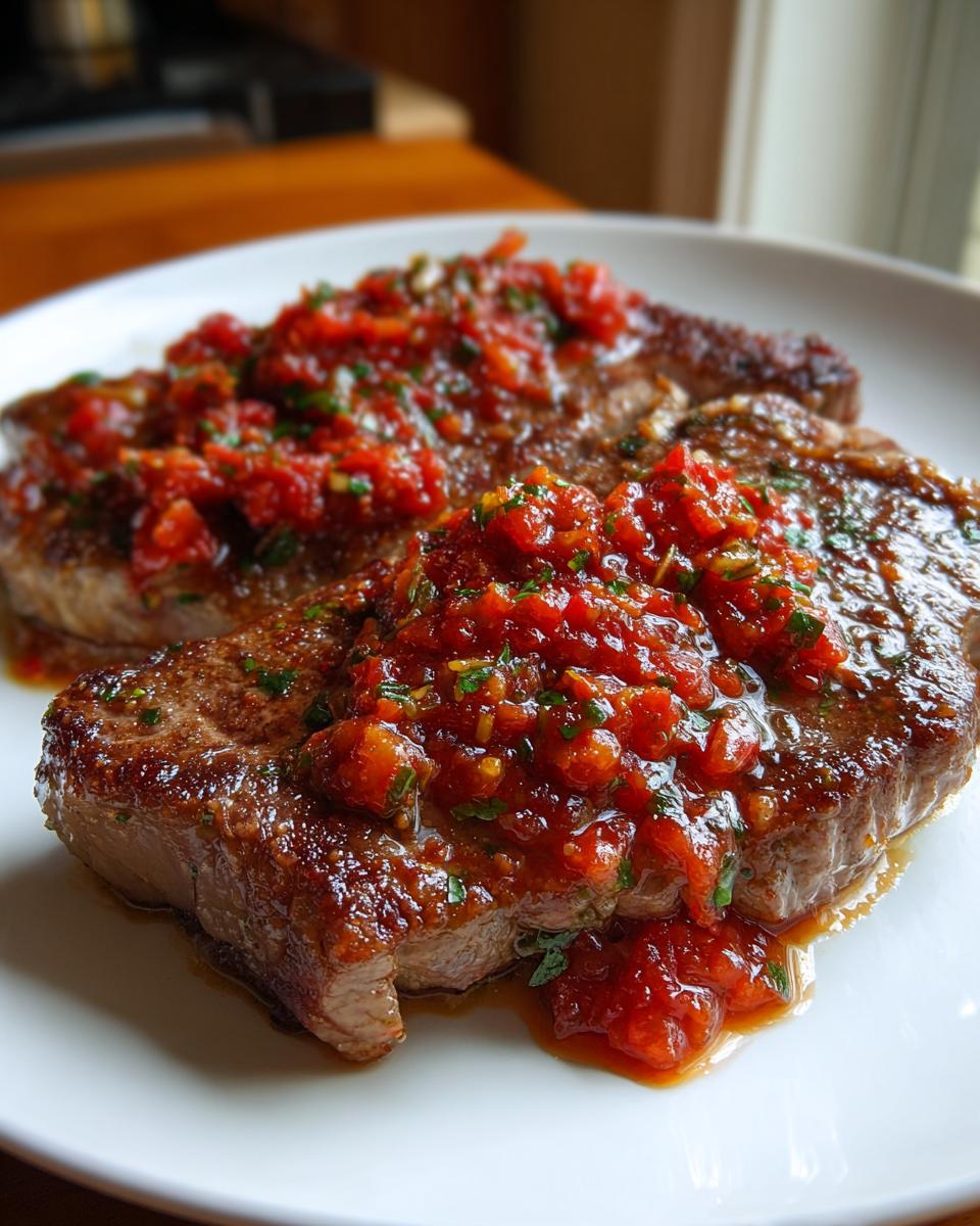 Two seared steaks covered in chunky tomato sauce, representing delicious Steak Pizzaiola, served on a white plate.