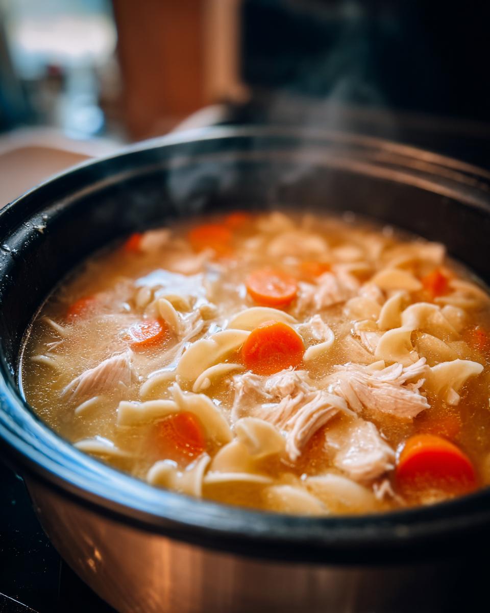 Close-up of steaming slow cooker chicken noodle soup with shredded chicken, egg noodles, and bright orange carrots.