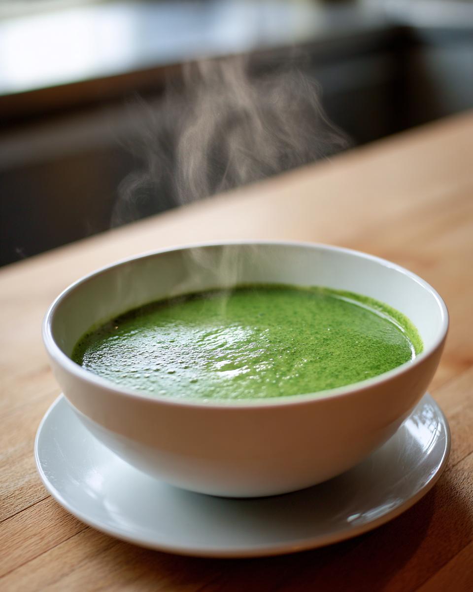 A white bowl filled with hot, bright green spinach soup, steaming gently on a wooden table.