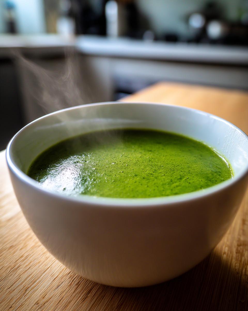 Close-up of a steaming white bowl filled with vibrant green spinach soup, resting on a wooden surface.