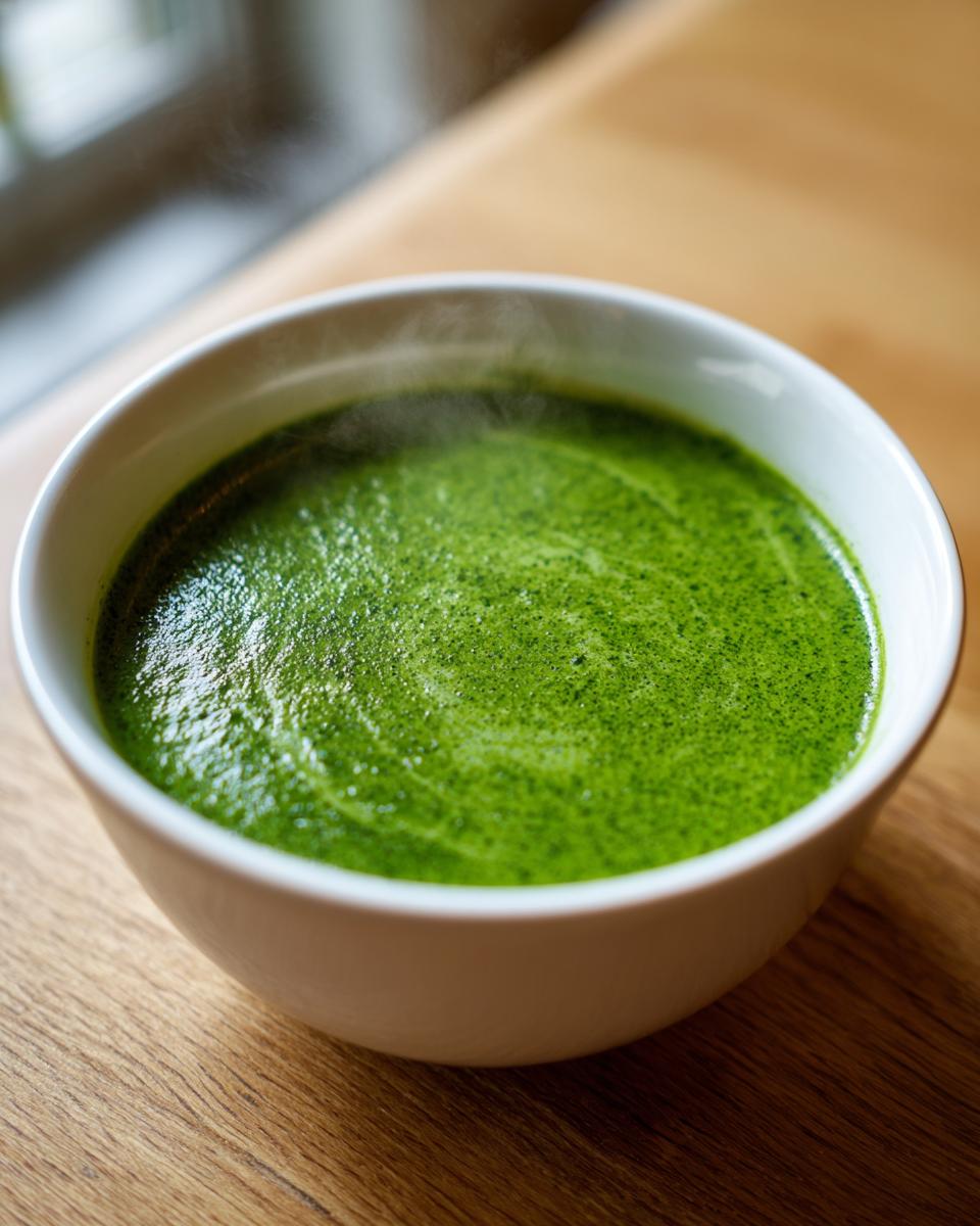 Close-up of a steaming white bowl filled with vibrant green, creamy spinach soup on a wooden table.